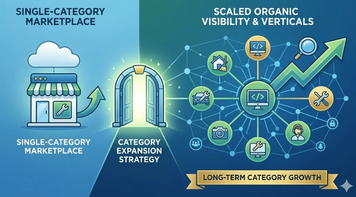 A professional split-screen infographic showing the transformation from a "Single-Category Marketplace," illustrated by a small storefront icon, through a glowing archway labeled "Category Expansion Strategy." The right side, labeled "Scaled Organic Visibility & Verticals," features a vast, interconnected network of diverse service icons (such as home care, automotive, and photography) and a large rising green arrow, with a gold banner at the bottom for "Long-Term Category Growth."