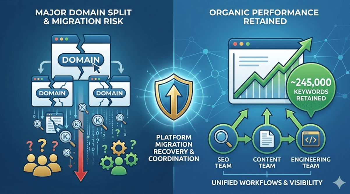 A split-screen infographic titled "Platform Migration Recovery & Coordination." The left side, labeled "Major Domain Split & Migration Risk," shows cracked browser windows and a red downward arrow representing loss. The center features a protective shield icon. The right side, labeled "Organic Performance Retained," displays a rising green growth chart, a callout for "~245,000 Keywords Retained," and a unified workflow connecting the SEO, Content, and Engineering teams.