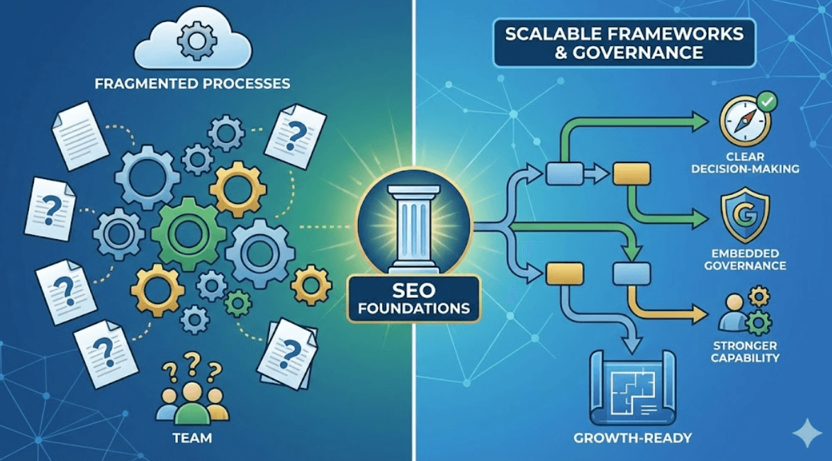 A split-screen infographic illustrating the transformation from "FRAGMENTED PROCESSES" on the left, depicted by jumbled gears and confused team icons, to "SCALABLE FRAMEWORKS & GOVERNANCE" on the right. A central pillar icon labeled "SEO FOUNDATIONS" connects the two sides, leading to a structured flowchart with outcomes like "CLEAR DECISION-MAKING," "EMBEDDED GOVERNANCE," "STRONGER CAPABILITY," and a blueprint for "GROWTH-READY."