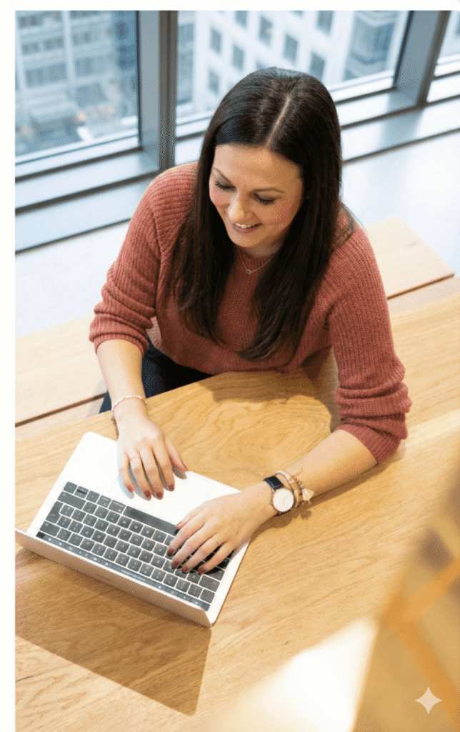 Gemini said An overhead, high-angle shot of a woman with long dark hair, wearing a dusty rose-colored knit sweater, sitting at a light wooden desk. She is smiling while looking down at an open silver laptop, with her hands resting on the keyboard. She is wearing a watch and several bracelets on her left wrist. Behind her is a large window overlooking a city office building.